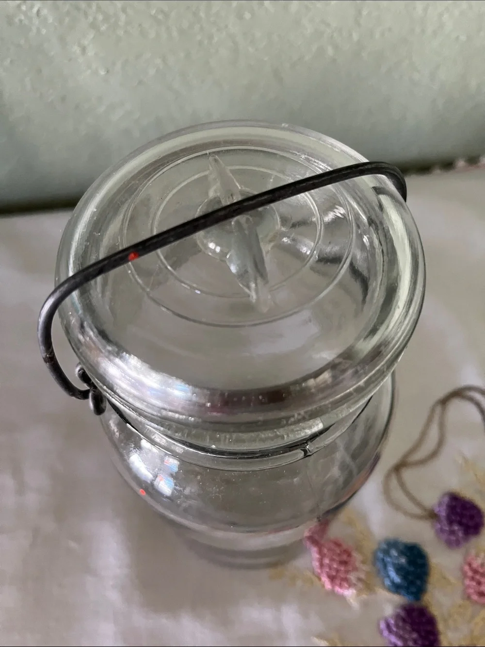Vintage Ball Glass Canister – “Pat. Pend. 1908” Embossed Ball Logo & Wire Bail